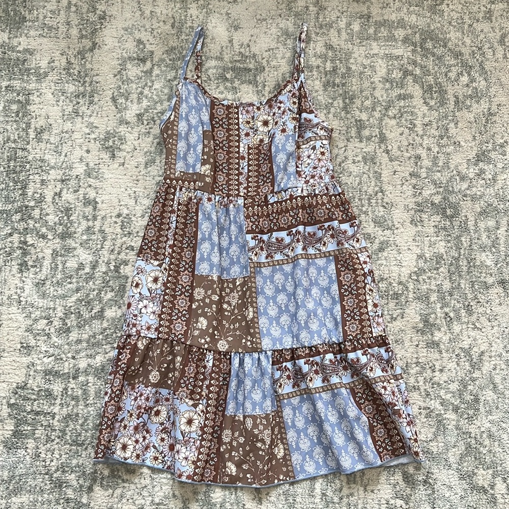 Tiered sundress mini length, patchwork pattern, L